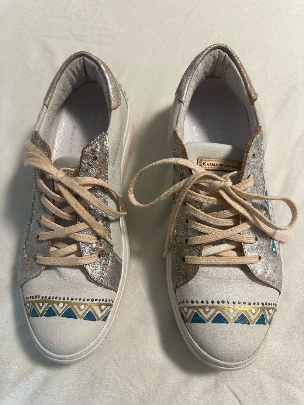 Karma of Charme Italian Leather Sneakers White Silver Blue Geometric Shoes EU 38